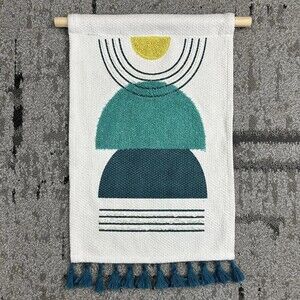 Boho Tapestry Rug Wall Textile Hanging White Teal Like Turquoise Fringe Geometri